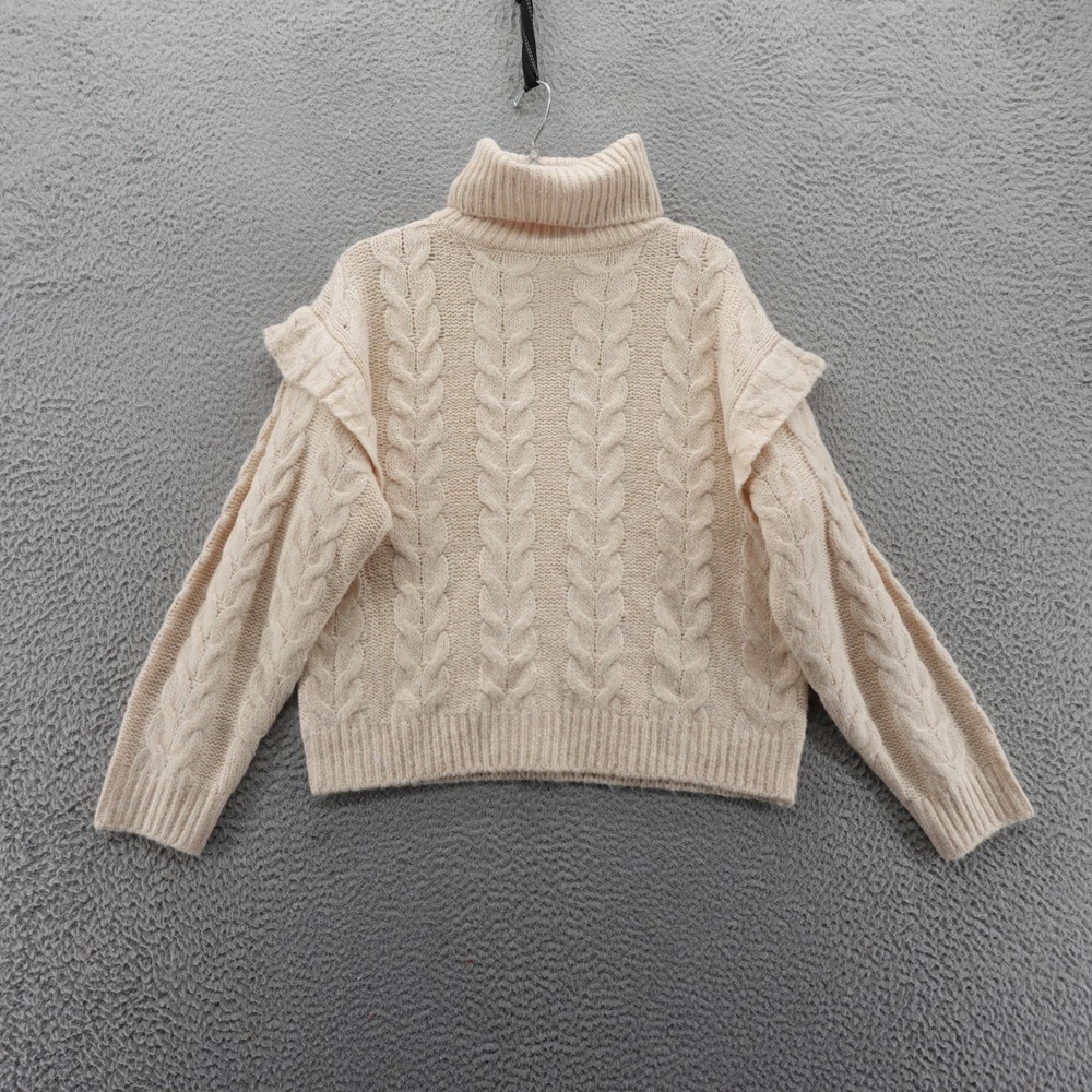 Joe's Jeans Womens Cream Cable Knit Ruffle Shoulder Turtleneck Sweater Large NEW